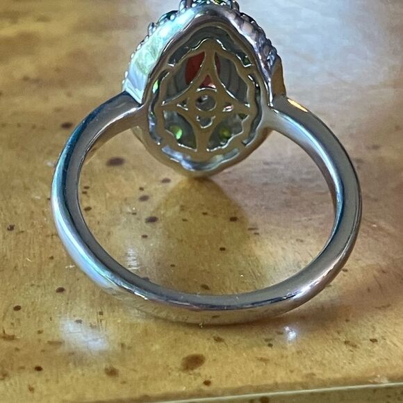 Natural Red Garnet Chrome Diopside Sterling Silver Halo Ring Size 7 - Picture 5 of 9